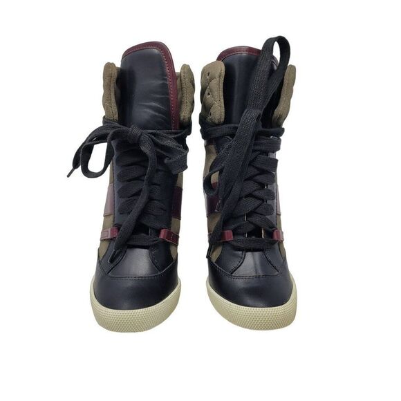 Chloe Tricolor Leather Quilted Suede Wedge Sneaker Hidden Heel‎ Booties Green 34 - Picture 8 of 16